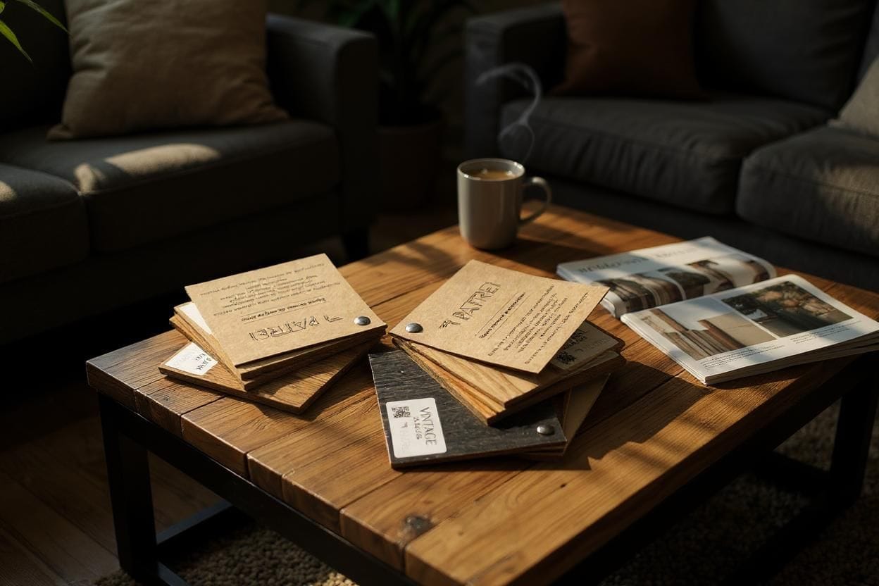 Zestaw wzorników kolorów drewna Patrei – sześć próbek wybarwień w różnych tonacjach.