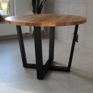 "Stół okrągły drewniany S5 z litego dębu na stalowej podstawie, aranżacja jadalni"