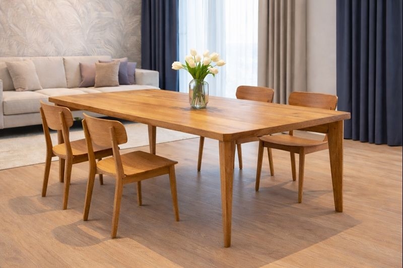 Meble z litego drewna – stół dębowy w nowoczesnym salonie