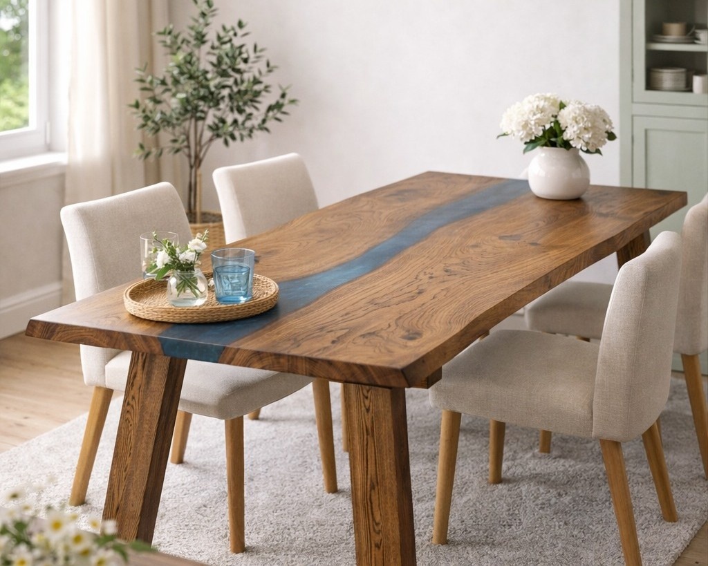 stół dębowy z żywicą w nowoczesnym wnętrzu jadalnia